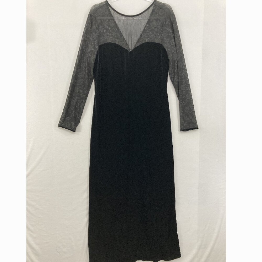 Vintage Bobbie Bee size 14 Black Velvet Mesh V Neck Dark Romantic Maxi Dress